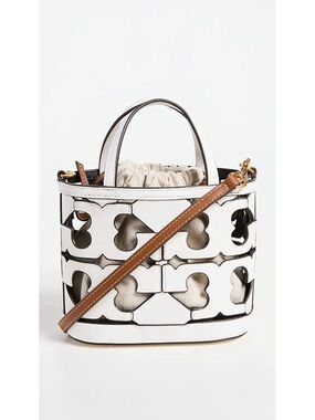 Tory Burch Ella Mini White Laser-Cut Bucket Tote with Tan Strap
